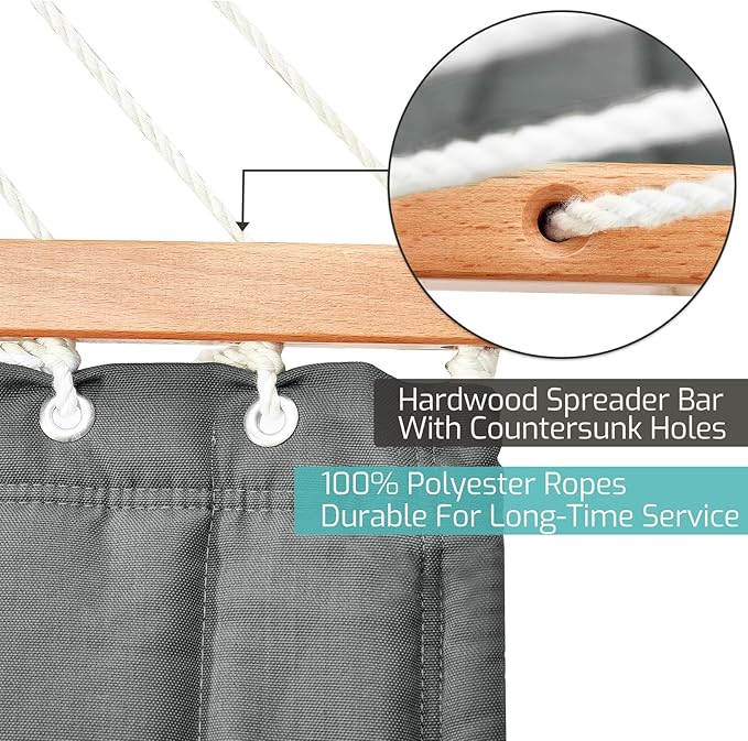 CHULIM Double Quilted Fabric Hammock with Hardwood Spreader Bars and Pillow 450 LBS Capacity 2 Person Large Hammock for Outdoor Patio Backyard Poolside - Dark Grey