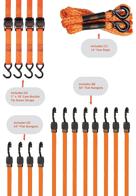 BLACK+DECKER 17-Piece Tow & Secure Tie Down Kit | 14' x 4,500 lbs Tow Rope with Clip Hooks, 1" x 10' Deluxe Cam-Buckle Straps, 24" and 36" Length Flat Bungee Straps