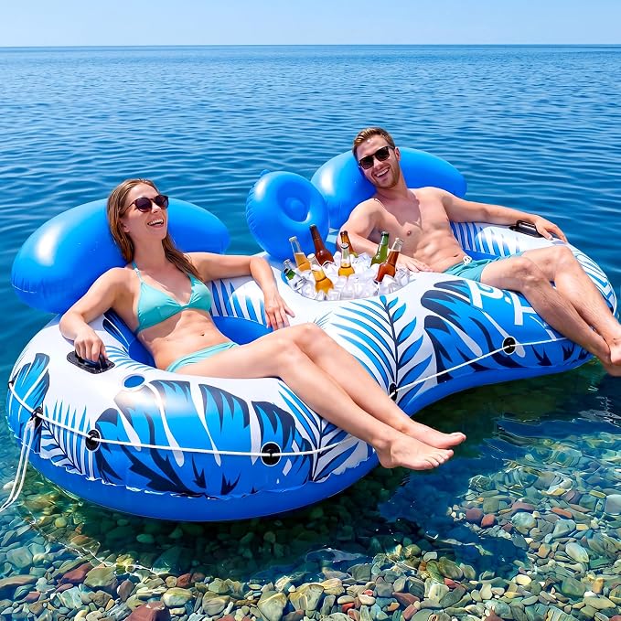 Pool Float Adult,2-Person Large Inflatable River Float, XL River Tubes for Floating Heavy Duty with Mesh Bottom, Comfortable Backrest & 2 Cup Holders & Durable Grab Handles,600 lbs Weight Capacity