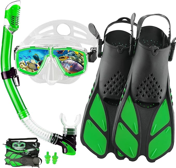 Snorkeling Gear for Adults with Fins Scuba Diving Gear Adult Professional Travel Snorkel Sets with Flippers,Anti-Fog Anti-Leak Diving Mask