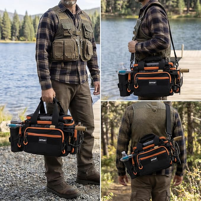 Goture Fishing Tackle Bag with 4 Tackle Boxes, Soft Side 600D Water-Resistant Cross Body Sling Fishing Bag with Rod Holder, Small Saltwater Gear Storage Tactical Bags, Gifts for Men/Women