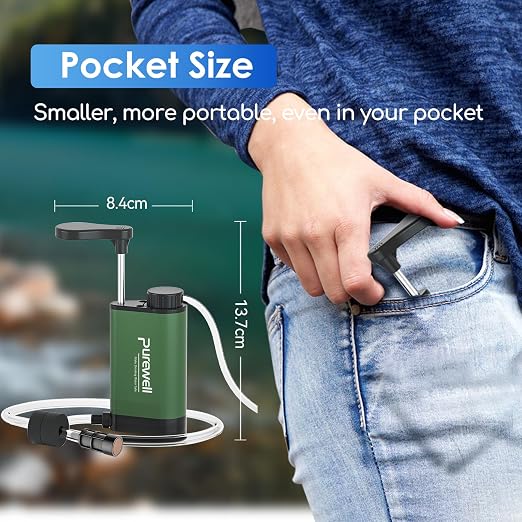 Purewell Stainless Steel Water Filter Pump with Replaceable Carbon 0.01 Micron Water Filter, 3 Filter Stages, Portable Outdoor Emergency and Survival Gear - Camping, Hiking, Backpacking(Green)