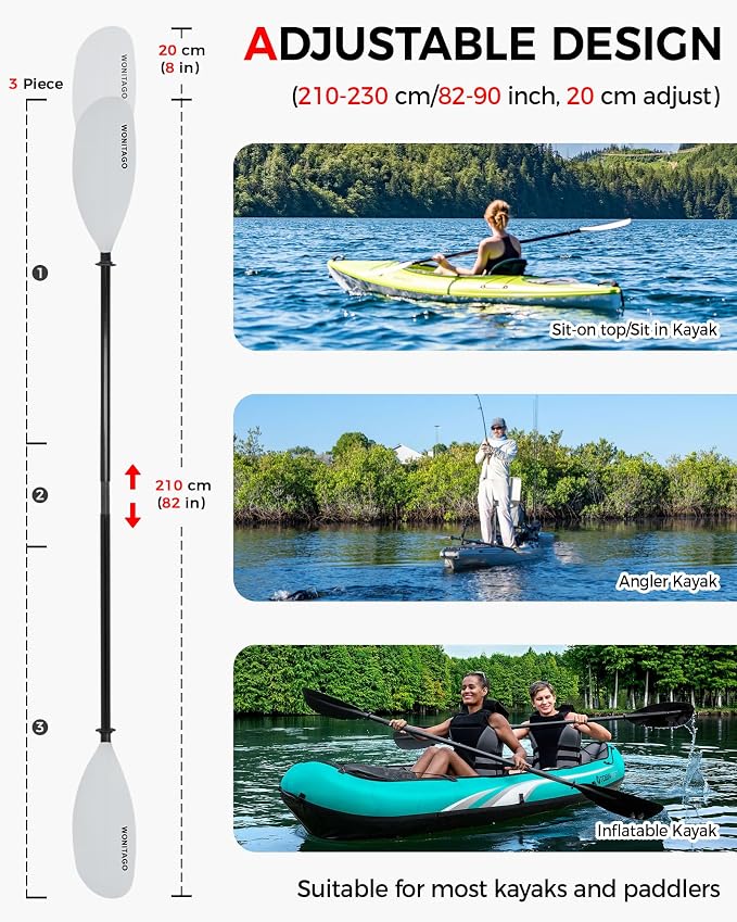 Kayak Paddle with Fiberglass Shaft and Reinforced Nylon Blade, Adjustable Kayaking Oars, 3 Piece, 230-250 cm/90-98 inches, 210-230 cm/82-90 inches