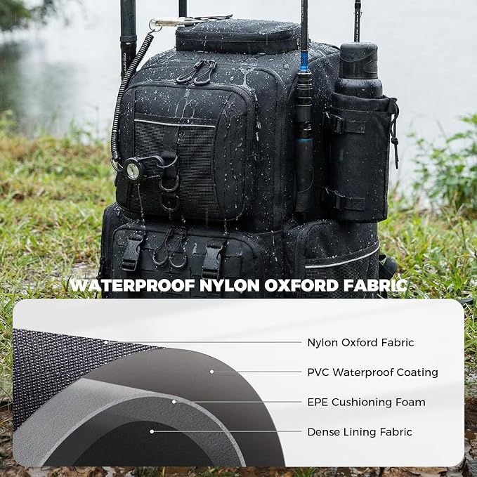 WANOON Fishing Backpack 45L with 4 Tackle Boxes, Durable & Comfortable Fishing Bag,Waterproof Insulated Bait Pocket & 4 Rod Holders