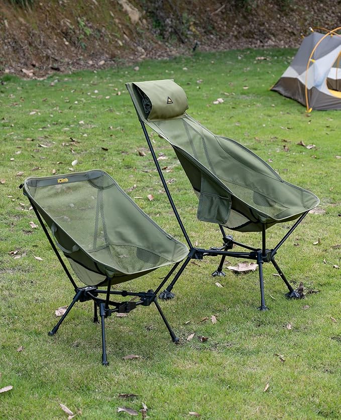 iClimb Ultralight Compact Camping Folding Beach Chair with Anti-Sinking Large Feet and Back Support Webbing (Green - Triangular Frame)