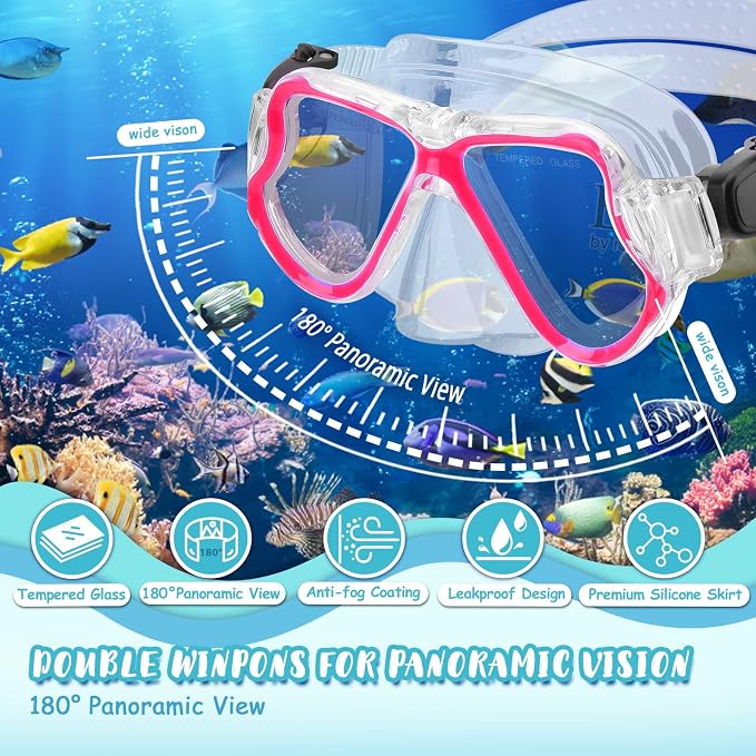 Snorkeling Gear for Kids, 4 in 1 Child Mask Fins Snorkel Set with Panoramic View Anti Fog Mask, Dry Top Snorkel, Trek Fins and Travel Bag, Kids Snorkeling Set with Fins for Snorkeling Swimming