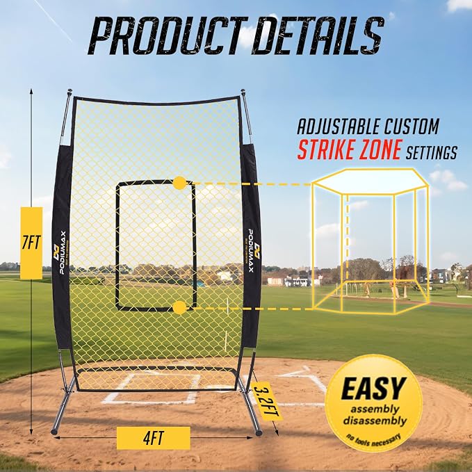 PodiuMax 7x4FT Baseball Pitching Screen with Strike Zone, Batting Net with Upgrade U-Shaped Base, Pitching Net for Pitchers Protection, Baseball I Screen for Fields Batting Cages