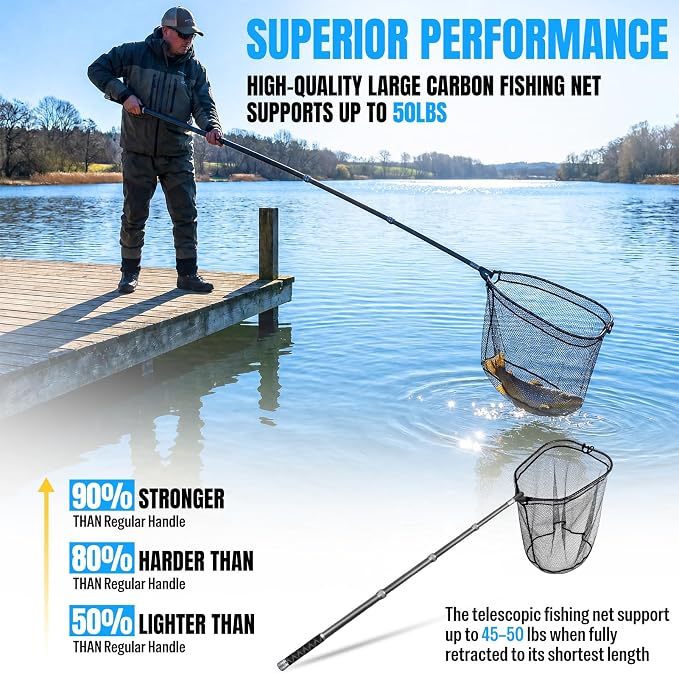 PLUSINNO Large Fishing Net, 3.4-7.7 FT Carbon Fiber Fish Net with Long Telescoping Handle, Kayak Fishing Gear Accessories Foldable Landing Net for Bass, Trout, Catfish, Fishing Gifts for Men Father