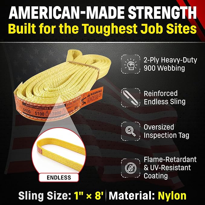 DD Sling (USA Made) 1" & 2" Widths by 4' to 12' Lengths In Listing, 2 Ply, Endless Nylon Lifting Slings, (900 webbing), 6,400 lbs Vertical, 5,100 lbs Choker, 12,800 lbs Basket (USA Made Nylon) (1"x8')