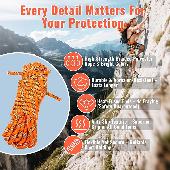 10.5mm Static Climbing Rope - 32FT Rock Climbing Rope for Adults & Kids, Outdoor Heavy Duty Rappelling Ropes for Fire Rescue, Escape, Ice Climbing, Parachute, Caving - Orange