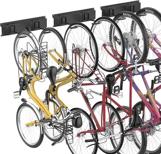 WALMANN Bike Hooks for Garage Wall, 6 Bikes Storage Rack Space Saving Wall Bike Mount Holds Up to 300 lbs, Vertical Bicycle Storage