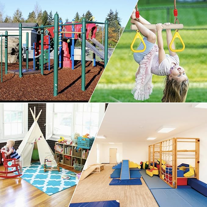 Trapeze Swing Bar with Rings, Wooden Trapeze Swing Bar with Plastic Gym Rings Adjustable Rope, Locking Straps, Outdoor Swing Set Playground Accessories for Kids (Yellow)