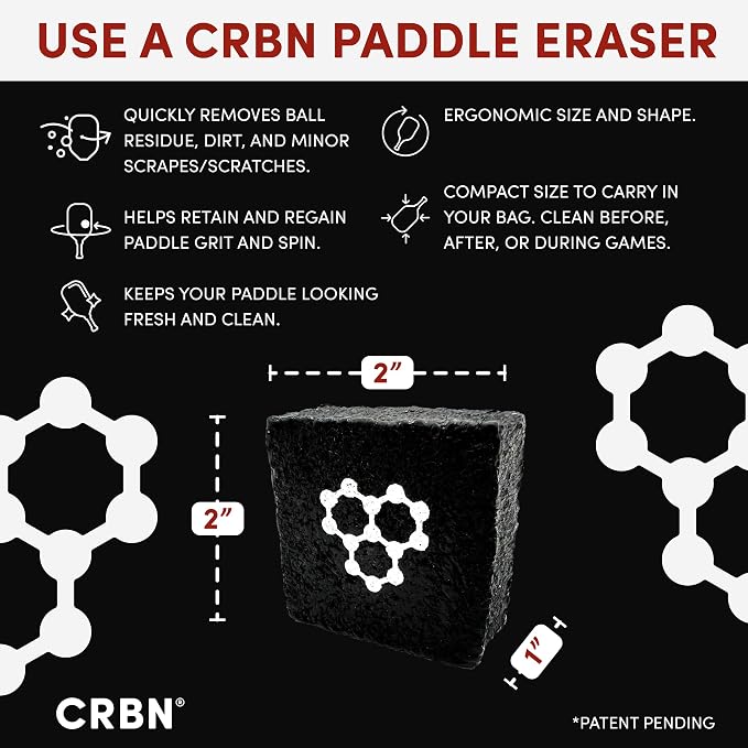 CRBN Pickleball - Paddle Eraser, Best Carbon Fiber Pickle Ball Racket Cleaner, Fast & Easy Rubber Bar to Remove Ball Residue, Dirt, & Minor Scrapes/Scratches - Choose 1 Pack or 2 Pack