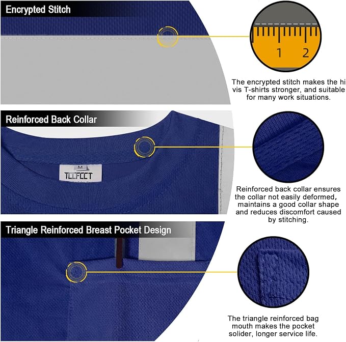 TCCFCCT Hi Vis Shirts for Men Class 2 High Visibility Shirt with Short Sleeves, Reflective Safety Shirts for Men, Construction Work Shirts with Reflective Strips, Durable &Breathable, DC-Blue XL