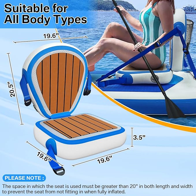 Inflatable Kayak Seat with Back Support, Universal Sturdy Paddle Board Seats for Sit on Top, Adjustable Blow Up Seat with Inflate Nozzle for Kayaking Canoeing Rafting