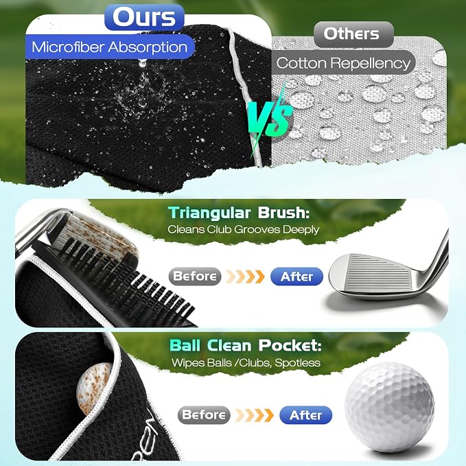 Magnetic Golf Towel with Brush & Cleaning Pocket, 4-in-1 Golf Cleaning Kit 3 Stage Cleaning System Golf Club Cleaning Kit, Microfiber Waffle Golf Accessories 15.7" X 23.6", Black
