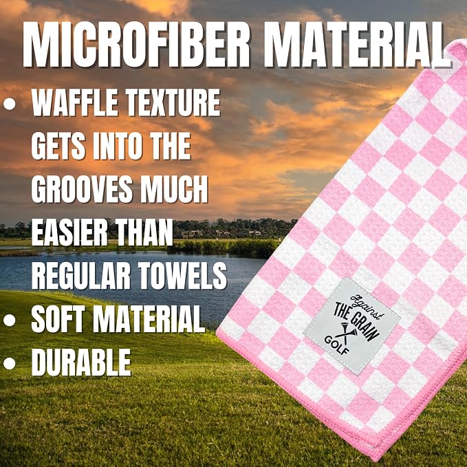 Against The Grain Microfiber Pink Golf Towel for Golf Bags Women with Clip - (12"x20") Blue & White Checkered Design Golf Club Towel, Womens Golf Towel, Golf Gifts for Women, Pink Golf Accessories