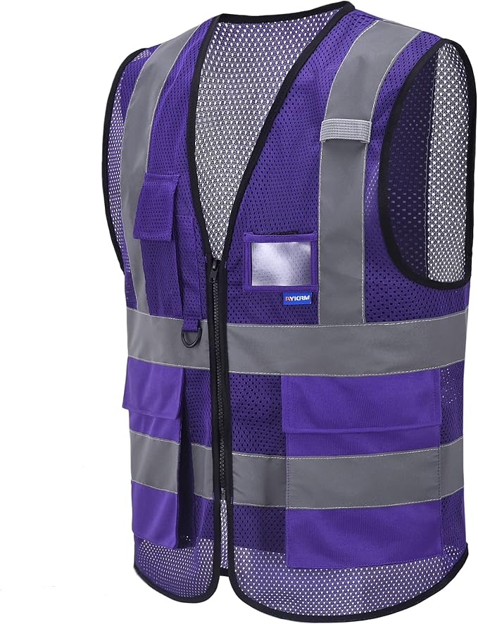 A-SAFETY High Visibility Mesh Safety Reflective Vest with Pockets and Zipper,Hi Viz Work Vest for Men Women (Purple Mesh M)