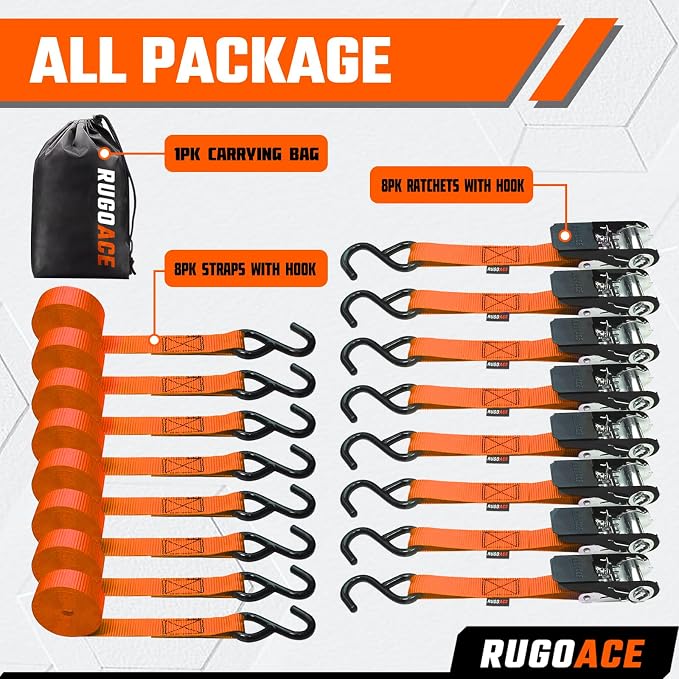 8PK Ratchet Tie Down Straps 1" x 10ft, 300lbs Load Capacity, 900lbs Break Strength, Durable for Moving Appliances, Lawn Equipment, Motorcycles, Cargo Trucks, Trailers & More (Orange)
