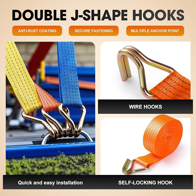 4Pack Ratchet Straps Heavy Duty-2 Inch x 20 Feet(7,500lb Break Strength), Tie-Down Ratcheting with J-Hook Cargo Straps Tiedown Ratchet for Moving and Transports with Trailers, Pickup, Flatbed Trucks