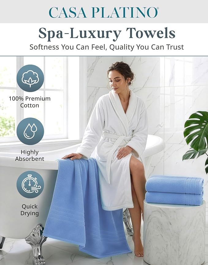Casa Platino 100% Cotton 2 Pack Bath Towels (30"x60") - Ring Spun Mercerized Cotton Bathroom Towels Set - Quick Dry, Soft & Absorbent Large Bath Towels - Machine Wash in Cold Water - Cerulean Blue