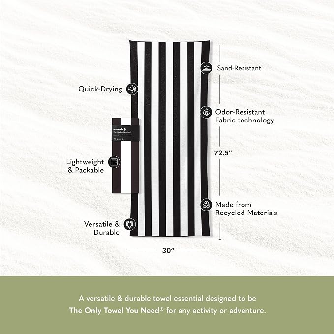 Nomadix Original Towel - Perfect for Beach, Pool, Travel, Camping, Yoga - Made with Recycled Materials - Super Absorbent - Sand Resistant - Cabana Stripe Black - 72.5x30