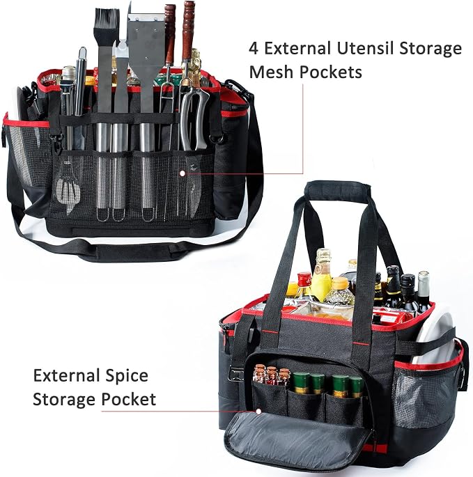 Large BBQ Organizer with Molded Hard Base, Compatible with Blackstone Outdoor Utensil Bag for Camping, Picnic & Tailgating, Portable Cooking Accessories Tote, Gift for Men