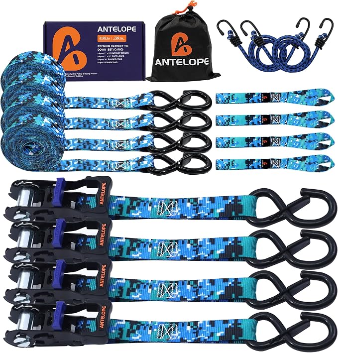 Ratchet Tie Down Straps Set, 2100 LBS Breaking Strength, 4 Pack 1" x 15' Heavy Duty Ratchet Straps, Cargo Strap, Motorcycle Straps for Trucks, Bicycle, Kayak, Moving, Tie Downs with S Hooks, Camo