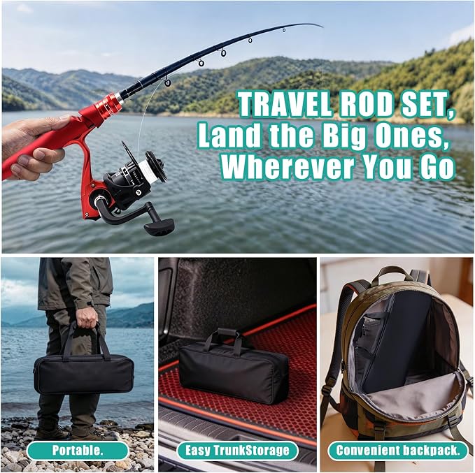 Fishing Rod and Reel Combo Kit, 2PACK Carbon Fiber Telescopic Fishing Pole | 2PACK Portable Spinning Reel Set with Lures,Lines,and Carry Bag for Travel Outdoor Fishing