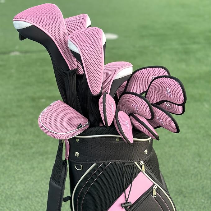 Andux 4pcs Long Neck Golf Hybrid Club Head Covers Dial No. Tag CTMT-02 | Mesh Breathable material | all the Same Size | Coloured Piping | Pull-On Closure