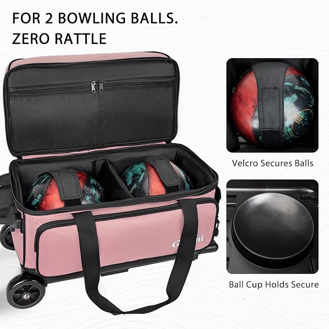 Goloni Double Roller 2 Ball Bowling Bag with Separate Shoe Compartment,2 Ball Bowling Bag with Wheels,Retractable Handle Extends to 40"
