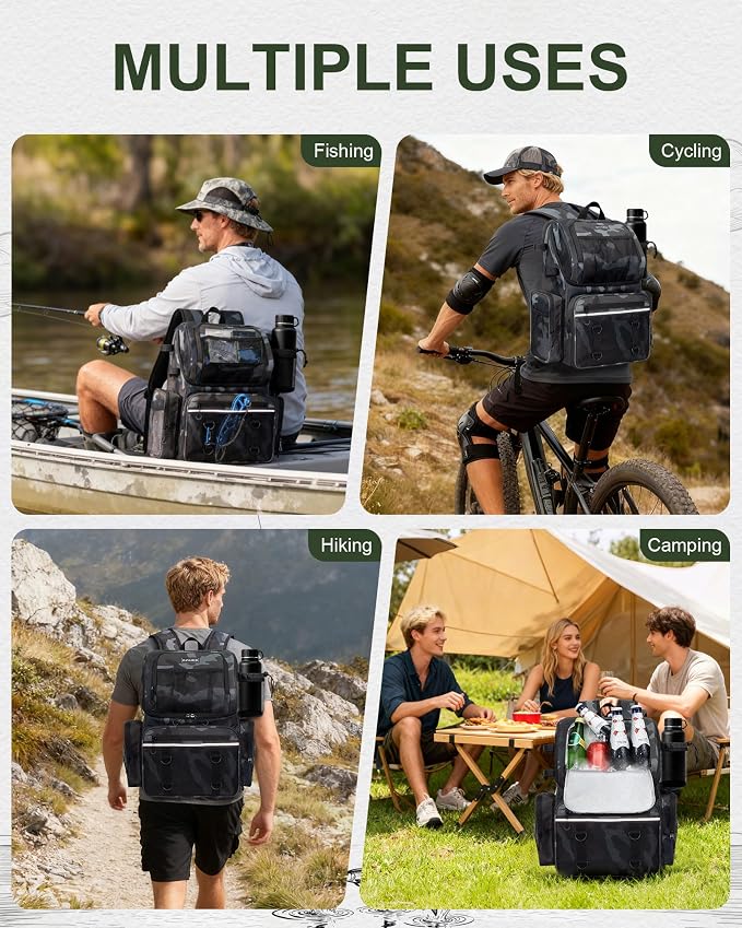 Fishing Backpack, Large Water Resistant Tackle Bag Storage Fishing Gear and Equipment, Built-in Cooler Compartment Khaki