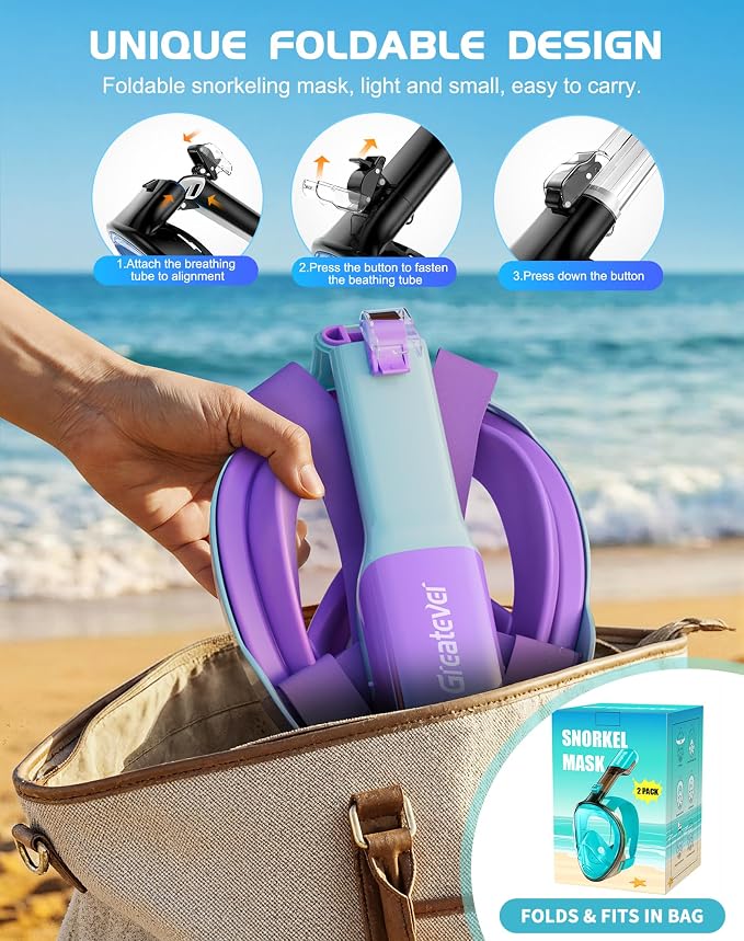 Greatever Full Face Snorkel Mask, Snorkeling Gear for Adults with Latest Dry Top Breathing System and Detachable Camera Mount, Foldable Snorkel Set for Family Snorkeling Trips, Anti-Fog & Anti-Leak