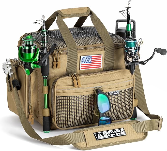 Ghosthorn Large Fishing Tackle Bag with Rod Holder Waterproof Gear Storage | Waterproof Fishing Bag with Padded Shoulder Strap Fishing Gear and Equipment Storage for Saltwater Freshwater