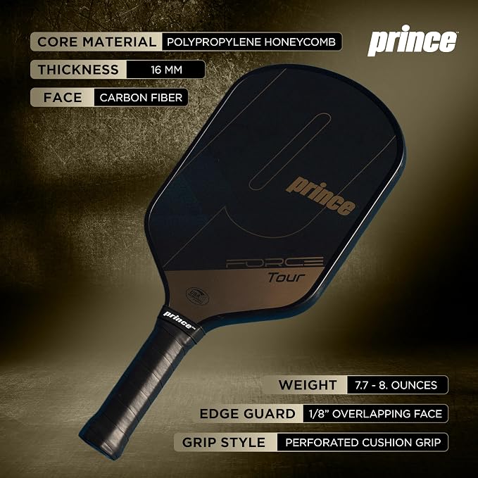 Prince - Force Tour Pro Pickleball Paddle, Lightweight High-Performance Paddle with Textured Surface for Power, Spin & Control, Golden