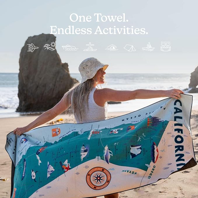 Nomadix Original Towel - Perfect for Beach, Pool, Travel, Camping, Yoga - Made with Recycled Materials - Super Absorbent - Sand Resistant (California Map)