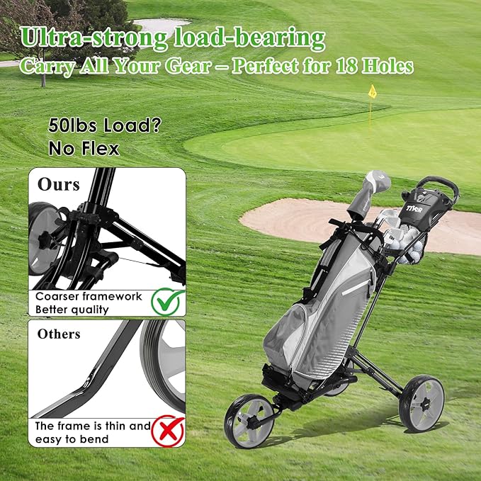 Tivor Lightweight Golf Push cart 3 Wheel,Foldable Golf Trolley for Adults and Junior with Ergonomic Adjustable Handle, Scorecard Holder, Umbrella Mount, Foot Brake, All-Terrain Wheels