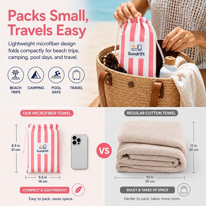 Oversized Microfiber Beach Towel 71x36 Inch, Quick Dry Sand Free Travel Towel, Lightweight Sueded Beach Blanket for Pool, Camping, Yoga & Beach Trips (Pink/White)