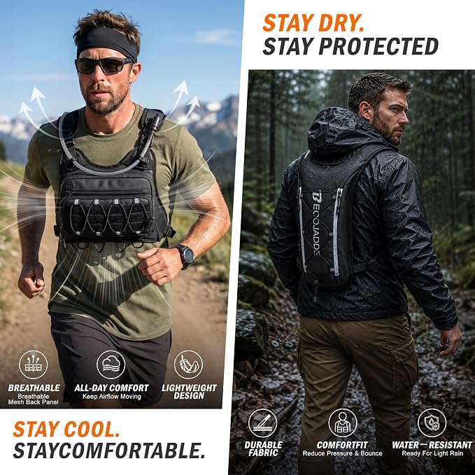 BECOJADDE Running Vest for Men with 2L Water Bladder Tactical Hydration Backpack Adjustable Lightweight Chest Pack for Marathon Hunting Cycling