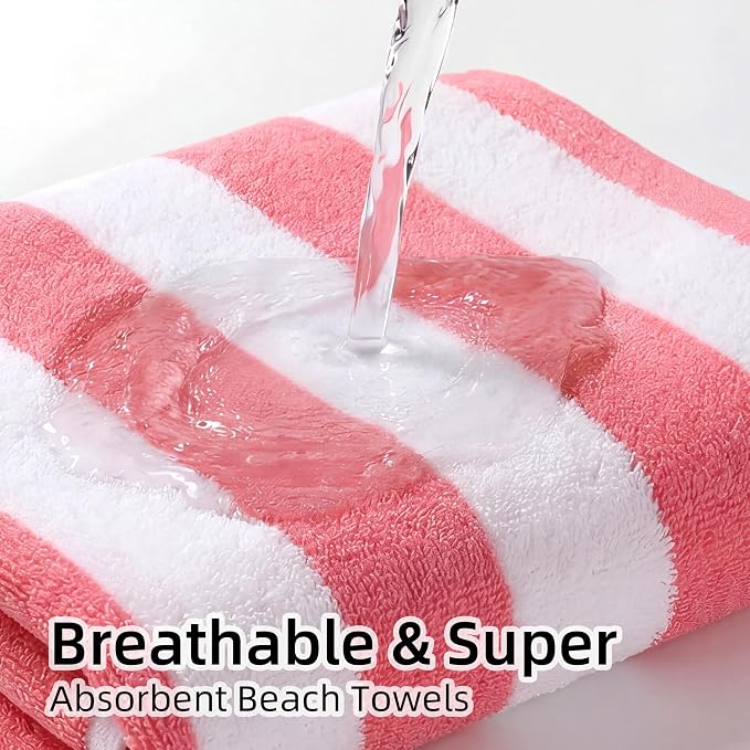 JOYMOOP 3-Pack Microfiber Beach Towel Set – 70" x 35.4" Ultra-Absorbent Beach Towels Oversized, Sand-Free & Portable, Quick-Dry Cabana Stripe Towels with Travel Storage Bags (Pink & White)