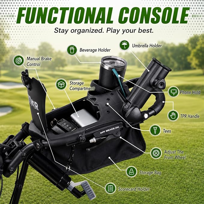 Tivor Golf Push Cart with 360° Front Wheels & Handbrake, 3 Wheel Pull Cart Offers One-Click Folding and All-Terrain Mobility