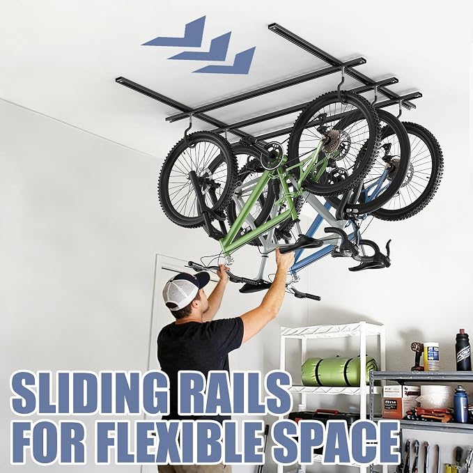 WALMANN Garage Ceiling Bike Rack, Adjustable Overhead Bicycle Storage System – Stores 3 Bikes Horizontally or 6 Bikes Vertically, Ceiling-Mount Bike Hanger for Road & Mountain Bikes