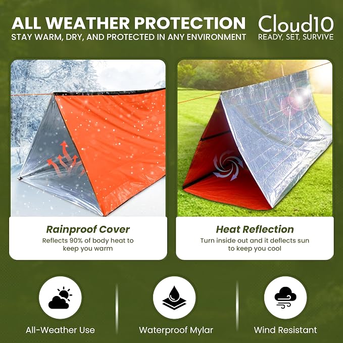 CloudTen Emergency Tent: Lightweight 2 Person Survival Tent with Multi-Function Paracord Bracelets - Essential Survival Gear & Bug Out Bag Items for Preppers, Hikers, Survivalists, Campers, Boy Scouts