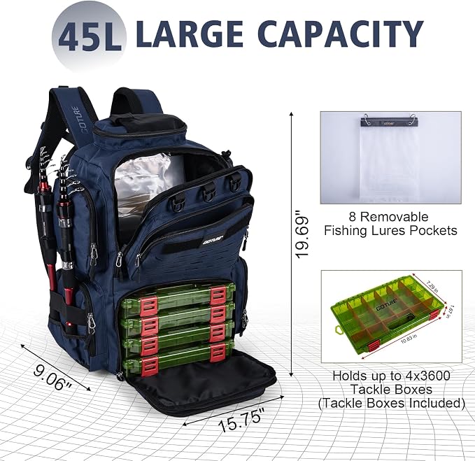 Goture Fishing Backpack with 4 Tackle Boxes,900D Water-Resistant Tackle Backpack with Rod Holders,SBS Zippers,45L Large Tackle Storage Gear Bag with Rain Cover,Bottle Holder for Travel Camping Hiking