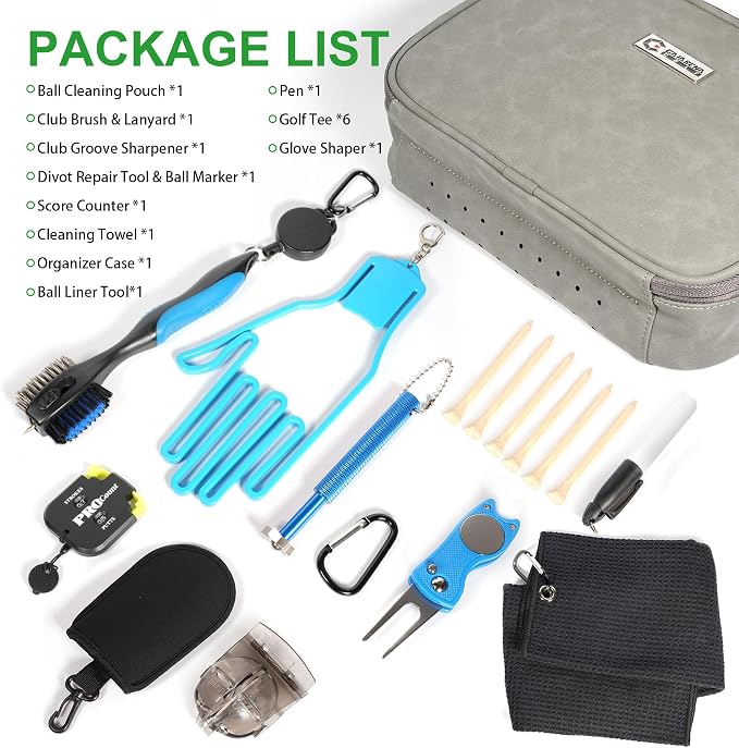 GAIARENA Golf Essential Accessories Kit with Luxury Carrying Case Bag, Golf Gift for Golfers, Golf Ball Liner Towel Cleaning Brush Divot Repair Tool Club Groove Sharpener