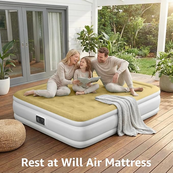 YENING Full Size Air Mattress with Built in Pump Raised Double Blow up Bed Inflatable Camping Airbed Electric 18 Inch Tall Beige