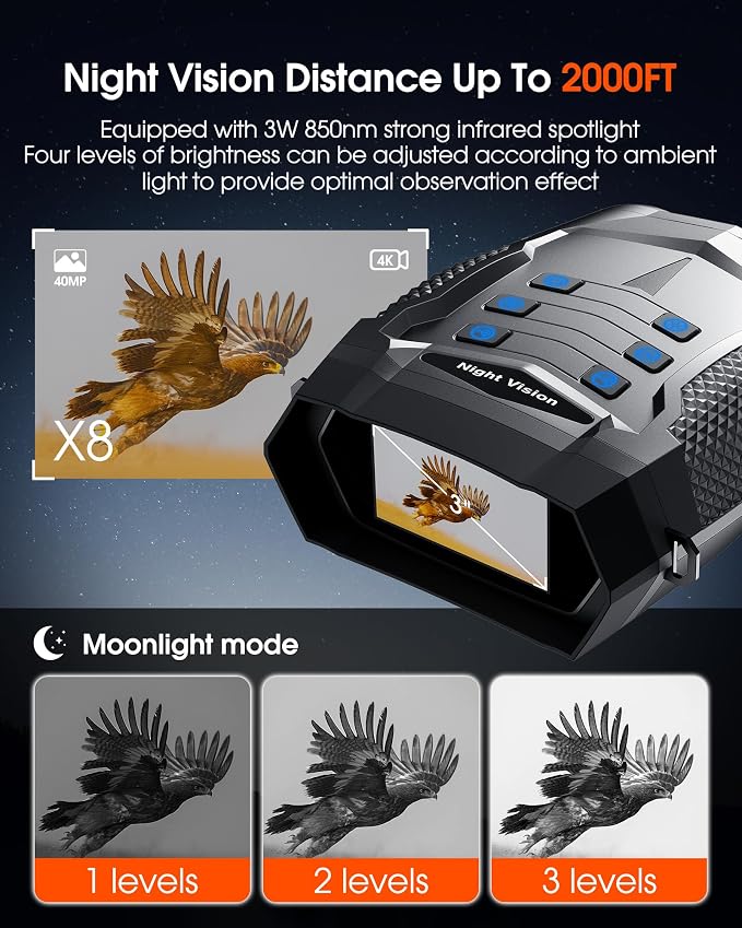 Night Vision Goggles - 4K Night Vision Binoculars for Adults, 5000mAh Rechargeable Infrared Binoculars with 3'' Large Screen, 8X Digital Zoom for Camping Hunting & Security