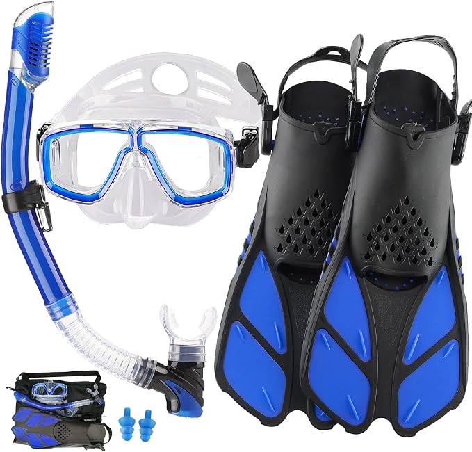 Snorkeling Gear for Adults with Fins Scuba Diving Gear Adult Professional Travel Snorkel Sets with Flippers,Anti-Fog Anti-Leak Diving Mask
