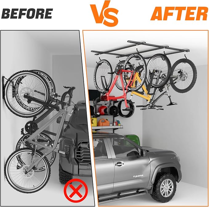 TORACK Ceiling Bike Rack for Garage, Ceiling-Mounted Bicycle Storage Hooks for 3 Bikes (Horizontal) or 6 Bikes (Vertical), Adjustable Overhead Bicycle Hooks for Mountain, Road Bike