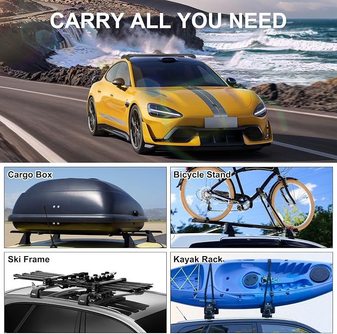 43inch Universal Car Roof Rack, Aluminum Car Roof Rack Cross Bars, Anti-Theft Lock, Adjustable Window Frame for Bike Kayak Cargo Luggage, 42.91-44.88 inch Distance Between Rain Grooves, 165LBS Load